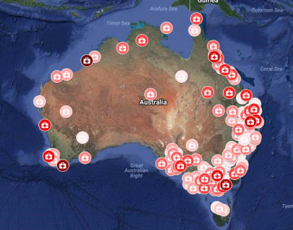 Map of Australia showing the locations of Rural GP Anaesthetists